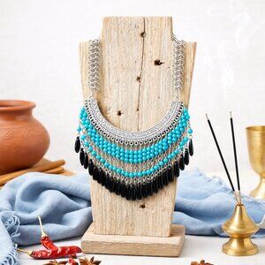 Boho Chic Turquoise Black Beaded Statement Bib Indian Artisan Trendy Necklace